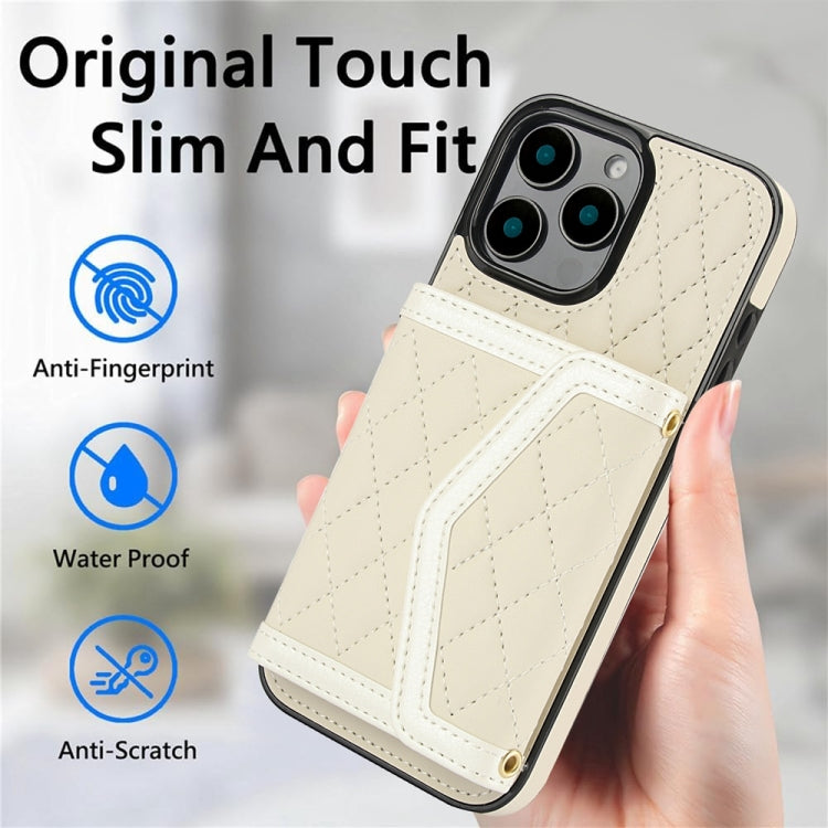 For iPhone 16 Pro Max Splicing Rhombic Texture Card Bag Phone Case with Long Lanyard(Beige) - iPhone 16 Pro Max Cases by buy2fix | Online Shopping UK | buy2fix