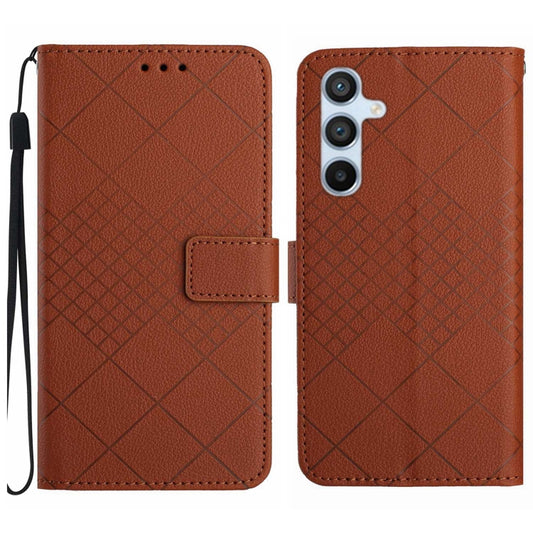 For Samsung Galaxy S25 5G Rhombic Grid Texture Leather Phone Case(Brown) - Galaxy S25 5G Cases by buy2fix | Online Shopping UK | buy2fix