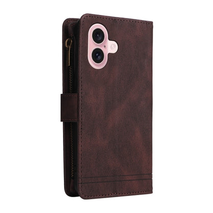 For iPhone 16 Skin Feel Multi-Card Wallet Zipper Leather Phone Case(Brown) - iPhone 16 Cases by buy2fix | Online Shopping UK | buy2fix