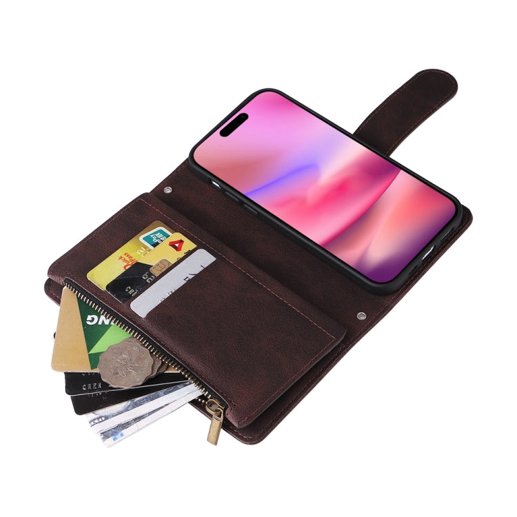 For iPhone 16 Skin Feel Multi-Card Wallet Zipper Leather Phone Case(Brown) - iPhone 16 Cases by buy2fix | Online Shopping UK | buy2fix