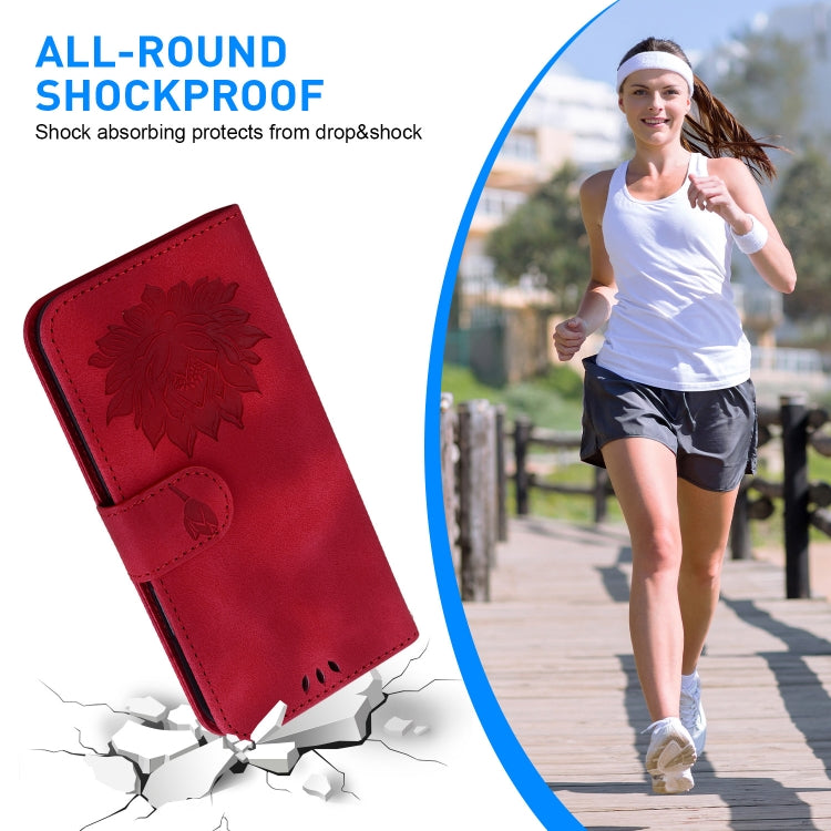 For iPhone 16 Lotus Embossed Leather Phone Case(Red) - iPhone 16 Cases by buy2fix | Online Shopping UK | buy2fix