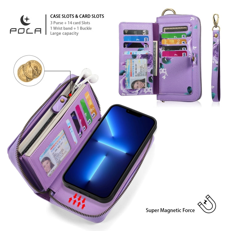 For iPhone 13 Pro Max POLA MagSafe Flower Multi-functional Zipper Wallet Leather Phone Case(Purple) - iPhone 13 Pro Max Cases by buy2fix | Online Shopping UK | buy2fix