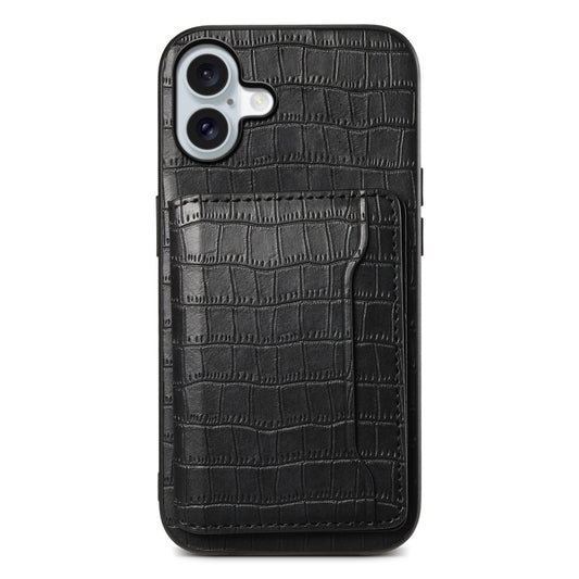 For iPhone 16 Crocodile Texture Card Bag Design Full Coverage Phone Case(Black) - iPhone 16 Cases by buy2fix | Online Shopping UK | buy2fix