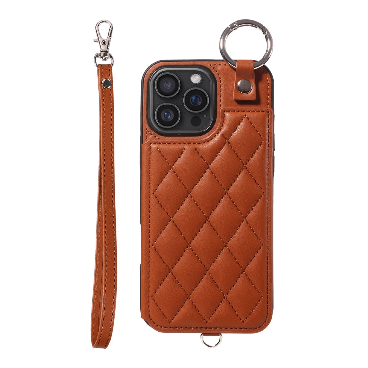 For iPhone 16 Pro Max Rhombic Texture Card Bag Phone Case with Short Lanyard(Brown) - iPhone 16 Pro Max Cases by buy2fix | Online Shopping UK | buy2fix