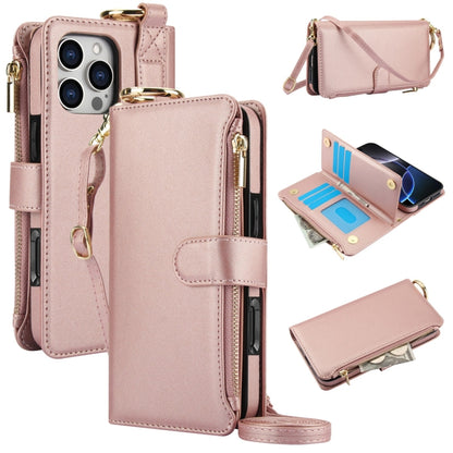 For iPhone 16 Pro Max Crossbody Ring Multifunctional Wallet Leather Phone Case(Rose Gold) - iPhone 16 Pro Max Cases by buy2fix | Online Shopping UK | buy2fix