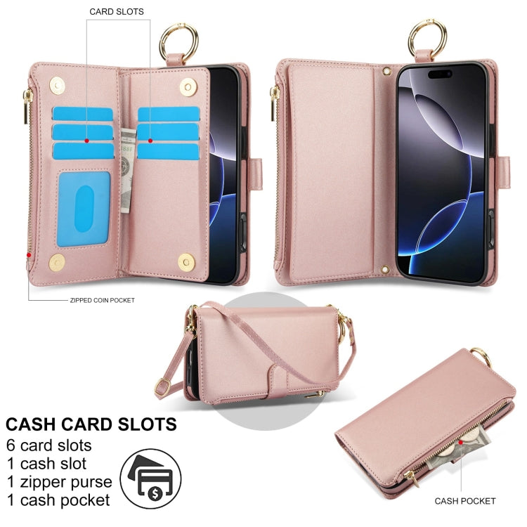 For iPhone 16 Pro Max Crossbody Ring Multifunctional Wallet Leather Phone Case(Rose Gold) - iPhone 16 Pro Max Cases by buy2fix | Online Shopping UK | buy2fix