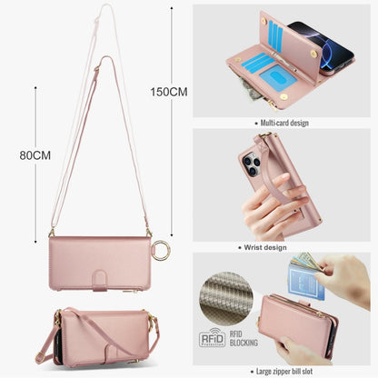 For iPhone 16 Pro Crossbody Ring Multifunctional Wallet Leather Phone Case(Rose Gold) - More iPhone Cases by buy2fix | Online Shopping UK | buy2fix