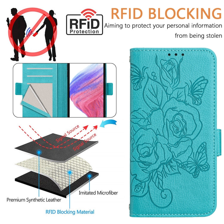 For iPhone 16 Plus Embossed Rose RFID Anti-theft Leather Phone Case(Light Blue) - iPhone 16 Plus Cases by buy2fix | Online Shopping UK | buy2fix