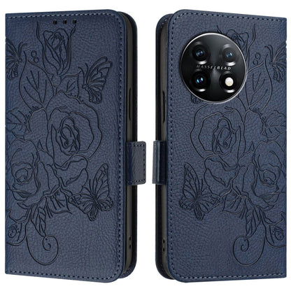 For OnePlus 11 Embossed Rose RFID Anti-theft Leather Phone Case(Dark Blue) - OnePlus Cases by buy2fix | Online Shopping UK | buy2fix