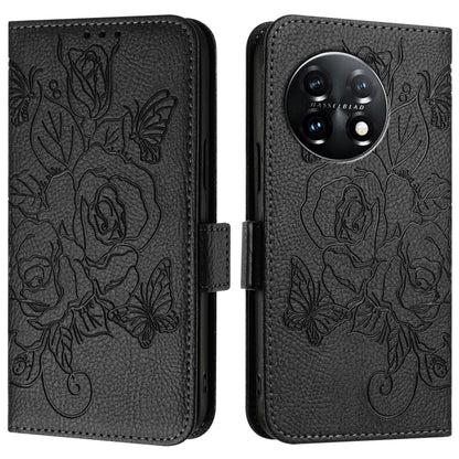 For OnePlus 11 Embossed Rose RFID Anti-theft Leather Phone Case(Black) - OnePlus Cases by buy2fix | Online Shopping UK | buy2fix