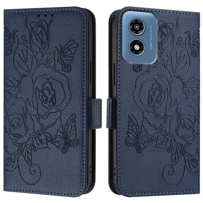 For Motorola Moto G Play 4G 2024 Embossed Rose RFID Anti-theft Leather Phone Case(Dark Blue) - Motorola Cases by buy2fix | Online Shopping UK | buy2fix