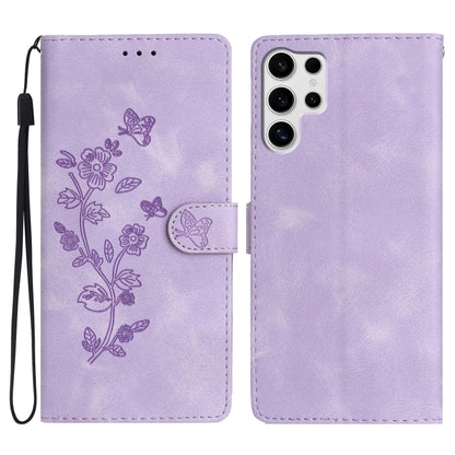 For Samsung Galaxy S25 Ultra 5G Flower Butterfly Embossing Pattern Leather Phone Case(Purple) - Galaxy S25 Ultra 5G Cases by buy2fix | Online Shopping UK | buy2fix