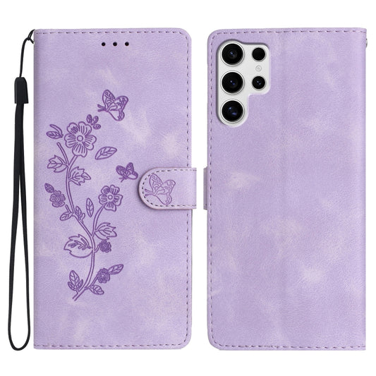 For Samsung Galaxy S25 Ultra 5G Flower Butterfly Embossing Pattern Leather Phone Case(Purple) - Galaxy S25 Ultra 5G Cases by buy2fix | Online Shopping UK | buy2fix