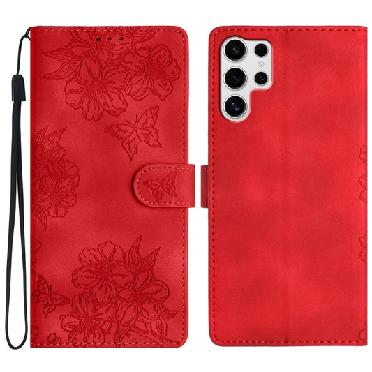 For Samsung Galaxy S25 Ultra 5G Cherry Blossom Butterfly Skin Feel Embossed PU Phone Case(Red) - Galaxy S25 Ultra 5G Cases by buy2fix | Online Shopping UK | buy2fix