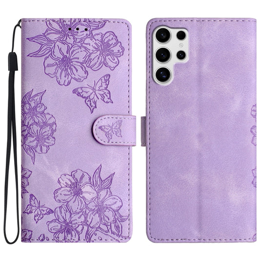 For Samsung Galaxy S25 Ultra 5G Cherry Blossom Butterfly Skin Feel Embossed PU Phone Case(Purple) - Galaxy S25 Ultra 5G Cases by buy2fix | Online Shopping UK | buy2fix