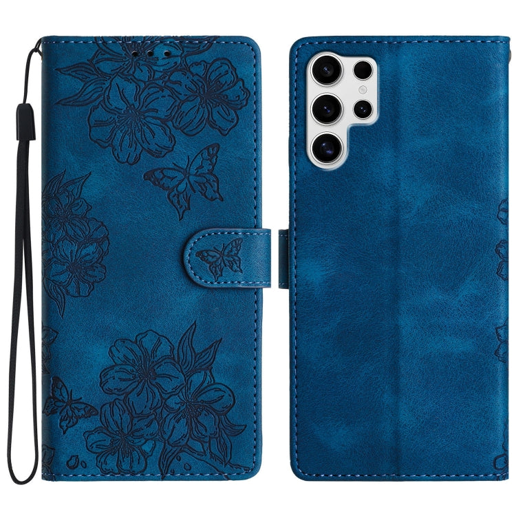 For Samsung Galaxy S25 Ultra 5G Cherry Blossom Butterfly Skin Feel Embossed PU Phone Case(Blue) - Galaxy S25 Ultra 5G Cases by buy2fix | Online Shopping UK | buy2fix