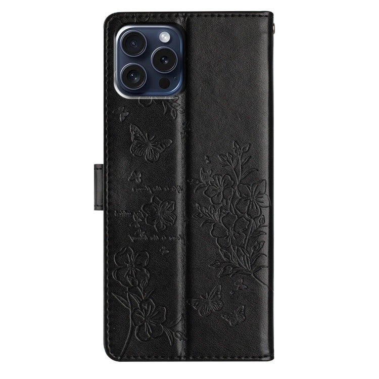 For iPhone 16 Pro Max Butterflies and Flowers Leather Phone Case(Black) - iPhone 16 Pro Max Cases by buy2fix | Online Shopping UK | buy2fix