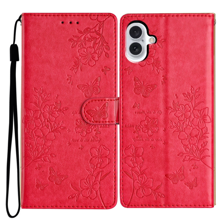 For iPhone 16 Butterflies and Flowers Leather Phone Case(Red) - iPhone 16 Cases by buy2fix | Online Shopping UK | buy2fix