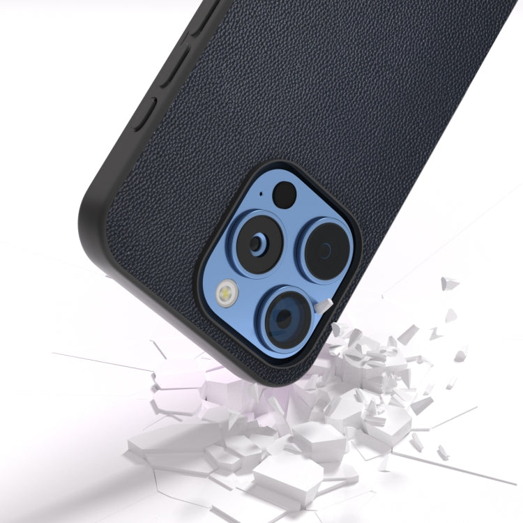 For iPhone 16 Pro Max ABEEL Black Frame Genuine Leather Elegant Phone Case(Blue) - iPhone 16 Pro Max Cases by buy2fix | Online Shopping UK | buy2fix