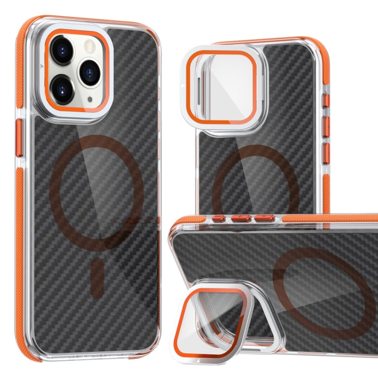 For iPhone 11 Pro Max Magsafe Dual-Color Carbon Fiber Lens Film Phone Case with Lens Fold Holder(Orange) - iPhone 11 Pro Max Cases by buy2fix | Online Shopping UK | buy2fix