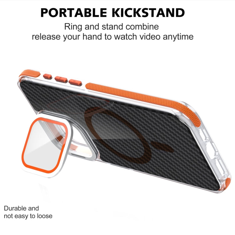 For iPhone 11 Pro Max Magsafe Dual-Color Carbon Fiber Lens Film Phone Case with Lens Fold Holder(Orange) - iPhone 11 Pro Max Cases by buy2fix | Online Shopping UK | buy2fix