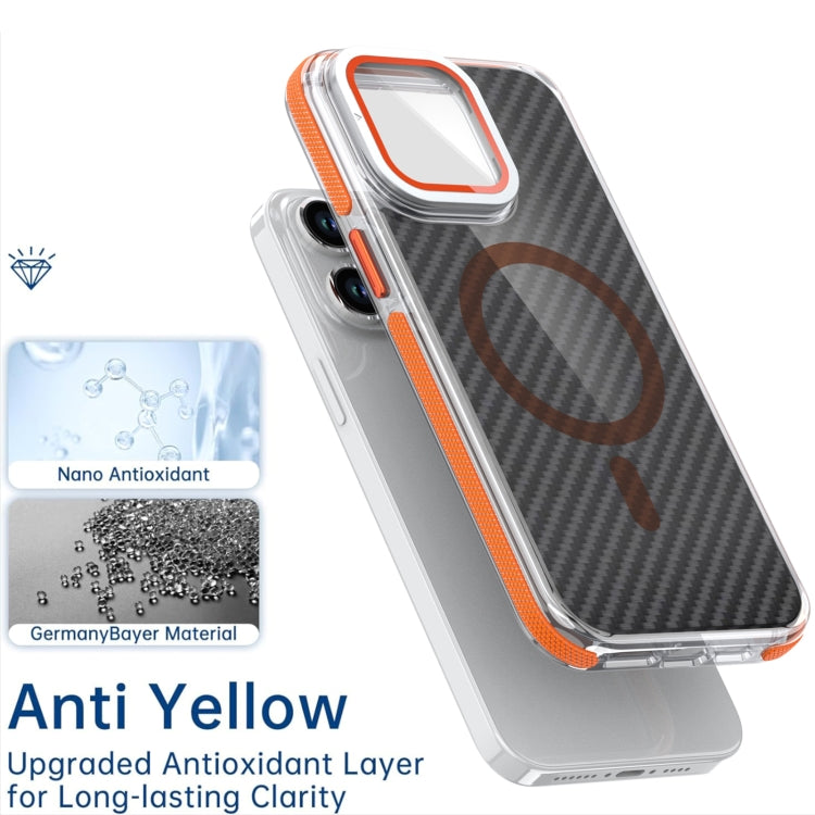 For iPhone 11 Pro Max Magsafe Dual-Color Carbon Fiber Lens Film Phone Case with Lens Fold Holder(Orange) - iPhone 11 Pro Max Cases by buy2fix | Online Shopping UK | buy2fix