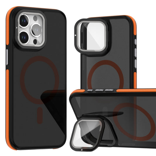 For iPhone 16 Pro Magsafe Dual-Color Skin Feel Lens Film Phone Case with Lens Fold Holder(Orange) - iPhone 16 Pro Cases by buy2fix | Online Shopping UK | buy2fix