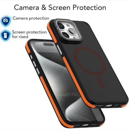 For iPhone 16 Pro Magsafe Dual-Color Skin Feel Lens Film Phone Case with Lens Fold Holder(Black) - iPhone 16 Pro Cases by buy2fix | Online Shopping UK | buy2fix