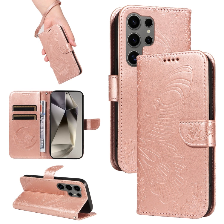 For Samsung Galaxy S25 Ultra 5G Swallowtail Butterfly Embossed Leather Phone Case(Rose Gold) - Galaxy S25 Ultra 5G Cases by buy2fix | Online Shopping UK | buy2fix