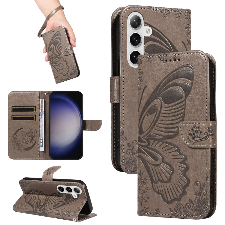 For Samsung Galaxy S25 / S24 5G Swallowtail Butterfly Embossed Leather Phone Case(Grey) - Galaxy S25 5G Cases by buy2fix | Online Shopping UK | buy2fix