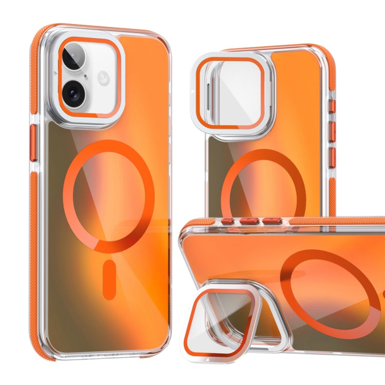 For iPhone 16 MagSafe Gradient Color Lens Film Phone Case with Lens Fold Holder(Orange) - iPhone 16 Cases by buy2fix | Online Shopping UK | buy2fix