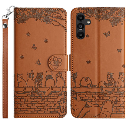 For Samsung Galaxy S25 5G Cat Embossing Pattern Leather Phone Case with Lanyard(Brown) - Galaxy S25 5G Cases by buy2fix | Online Shopping UK | buy2fix