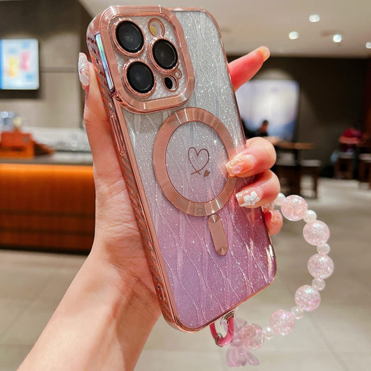 For iPhone 13 Pro Max Loves Leaves Gradient Glitter Bracelets Carbon Fiber Magsafe TPU Phone Case(Pink) - iPhone 13 Pro Max Cases by buy2fix | Online Shopping UK | buy2fix