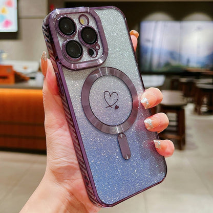 For iPhone 15 Pro Loves Gradient Glitter Carbon Fiber Magsafe TPU Phone Case(Purple) - iPhone 15 Pro Cases by buy2fix | Online Shopping UK | buy2fix