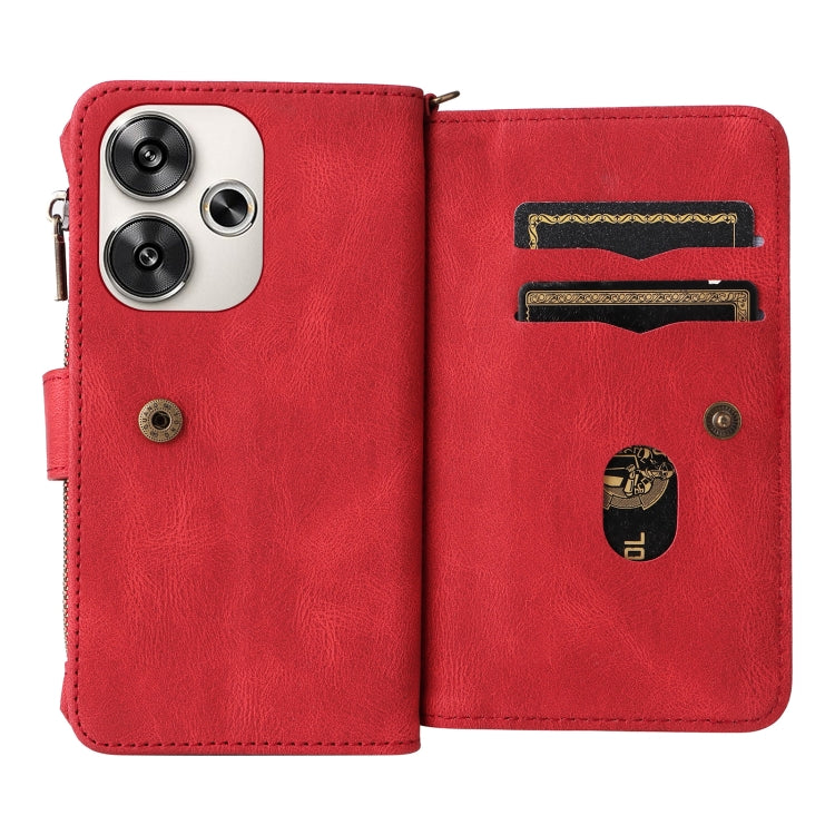 For Xiaomi Poco F6 Skin Feel Multi Card Slots Zipper Wallet Leather Phone Case(Red) - Xiaomi Cases by buy2fix | Online Shopping UK | buy2fix