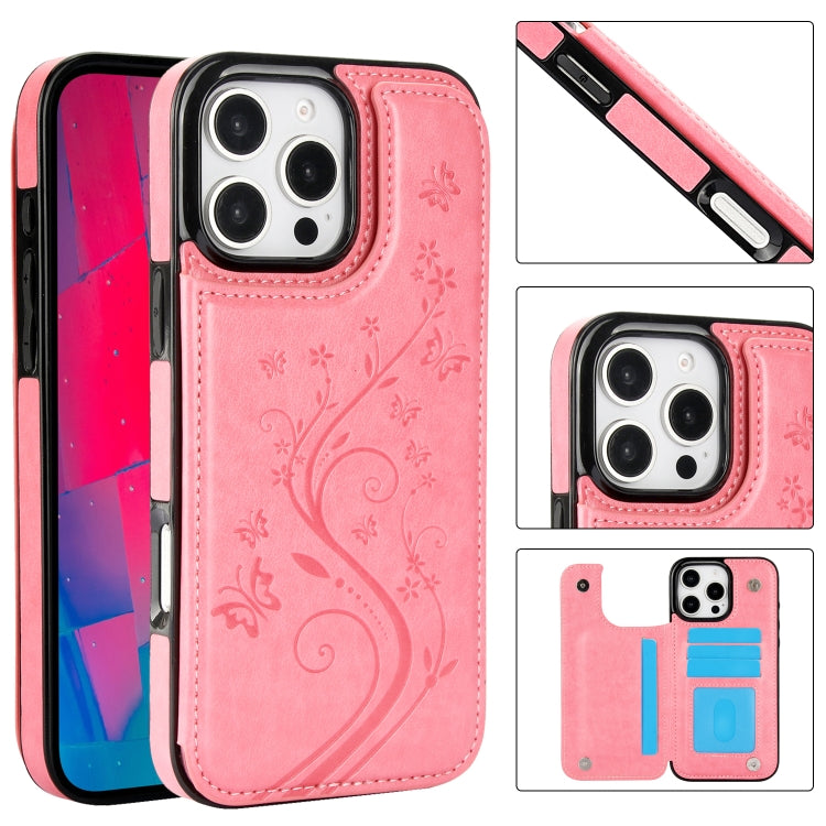 For iPhone 16 Pro Max Double Buckle Butterfly Embossing PU Phone Case(Pink) - iPhone 16 Pro Max Cases by buy2fix | Online Shopping UK | buy2fix