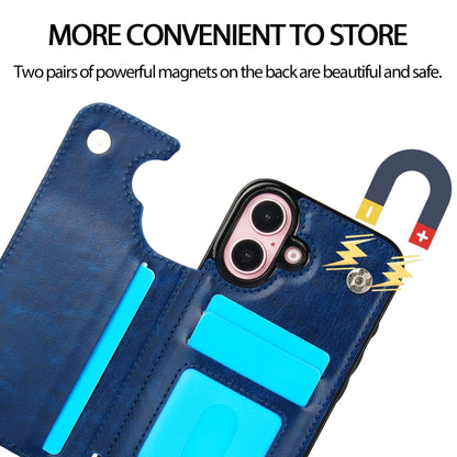 For iPhone 16 Plus Double Buckle Crazy Horse Texture PU Phone Case(Blue) - iPhone 16 Plus Cases by buy2fix | Online Shopping UK | buy2fix