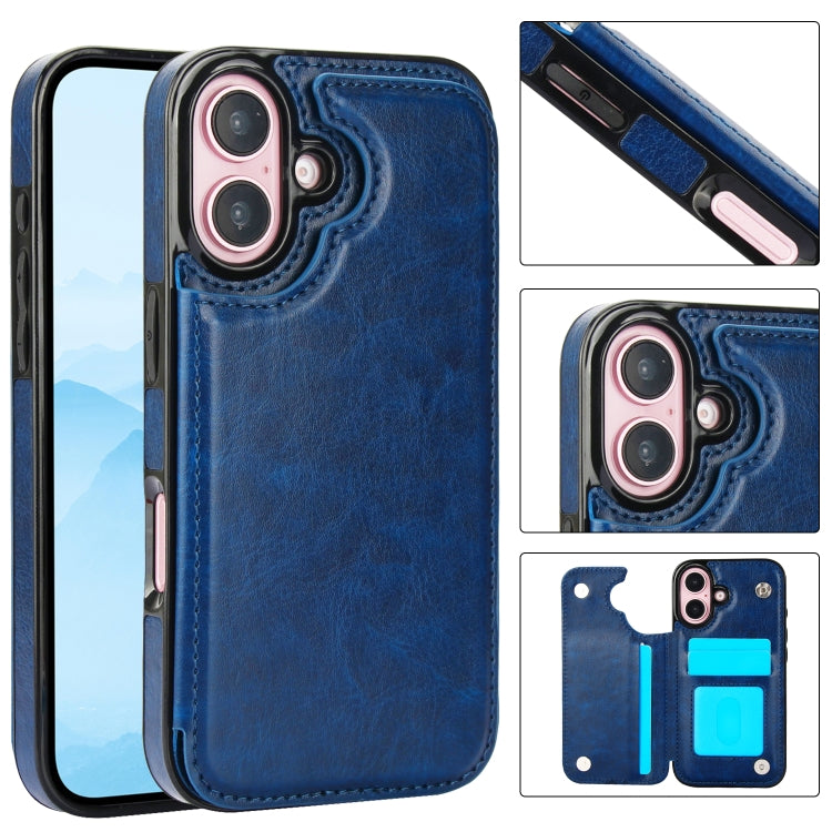 For iPhone 16 Double Buckle Crazy Horse Texture PU Phone Case(Blue) - iPhone 16 Cases by buy2fix | Online Shopping UK | buy2fix