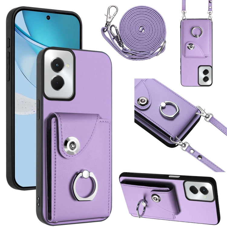 For Motorola Moto G Power 2024 5G Organ Card Bag Ring Holder Phone Case with Long Lanyard(Purple) - Motorola Cases by buy2fix | Online Shopping UK | buy2fix