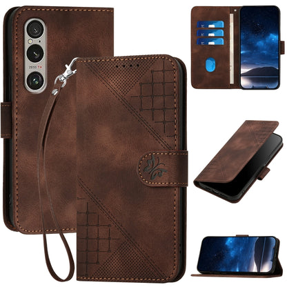 For Sony Xperia 1 VI 2024 YX0080 Grid Butterfly Embossed Pattern Flip Leather Phone Case with Lanyard(Coffee) - Sony Cases by buy2fix | Online Shopping UK | buy2fix