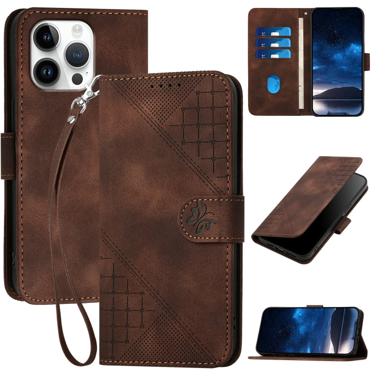 For iPhone 16 Pro Max YX0080 Grid Butterfly Embossed Pattern Flip Leather Phone Case with Lanyard(Coffee) - iPhone 16 Pro Max Cases by buy2fix | Online Shopping UK | buy2fix