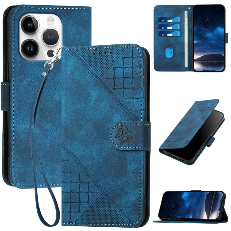 For iPhone 16 Pro YX0080 Grid Butterfly Embossed Pattern Flip Leather Phone Case with Lanyard(Dark Blue) - iPhone 16 Pro Cases by buy2fix | Online Shopping UK | buy2fix