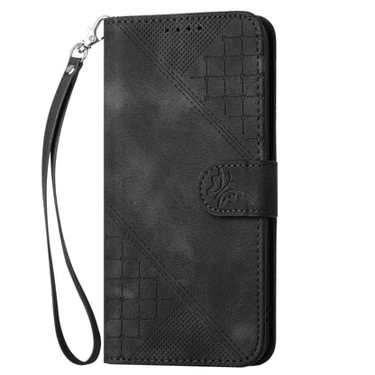 For iPhone 16 Plus YX0080 Grid Butterfly Embossed Pattern Flip Leather Phone Case with Lanyard(Black) - iPhone 16 Plus Cases by buy2fix | Online Shopping UK | buy2fix