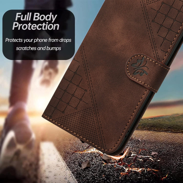 For iPhone 16 Plus YX0080 Grid Butterfly Embossed Pattern Flip Leather Phone Case with Lanyard(Coffee) - iPhone 16 Plus Cases by buy2fix | Online Shopping UK | buy2fix