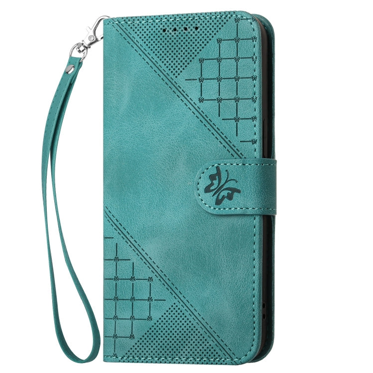 For Motorola Edge 2024 5G Global YX0080 Grid Butterfly Embossed Pattern Flip Leather Phone Case with Lanyard(Light Blue) - Motorola Cases by buy2fix | Online Shopping UK | buy2fix