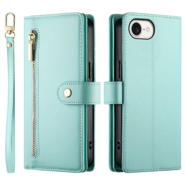 For iPhone SE 4 2024 Nine Card-slot Zipper Wallet Bag Leather Phone Case(Mint Green) - More iPhone Cases by buy2fix | Online Shopping UK | buy2fix