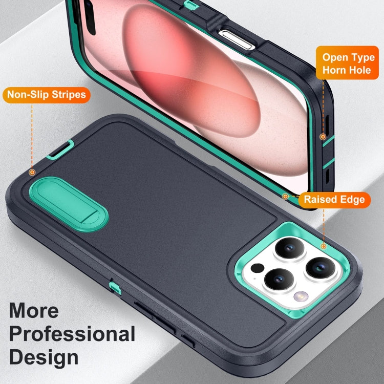 For iPhone 16 Pro Rugged PC + Silicone Phone Case with Holder(Dark Blue+Light Green) - iPhone 16 Pro Cases by buy2fix | Online Shopping UK | buy2fix