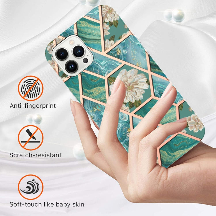 For iPhone 16 Pro Max Splicing Marble Flower IMD TPU Phone Case(Blue Flower) - iPhone 16 Pro Max Cases by buy2fix | Online Shopping UK | buy2fix