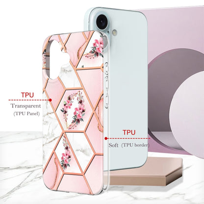 For iPhone 16 Plus Splicing Marble Flower IMD TPU Phone Case(Pink Flower) - iPhone 16 Plus Cases by buy2fix | Online Shopping UK | buy2fix