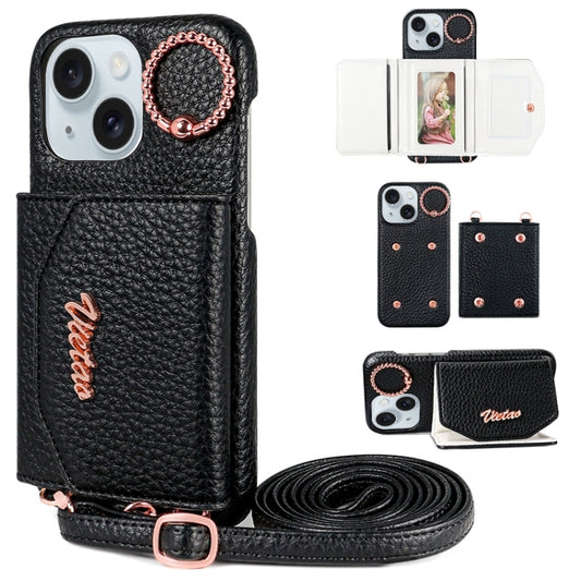 For iPhone 14 VIETAO Ring Holder Card Bag Phone Case with Lanyard(Black) - iPhone 14 Cases by VIETAO | Online Shopping UK | buy2fix